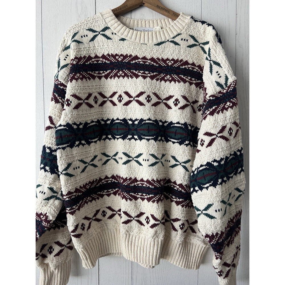 Vintage New Yorker Fisherman Sweater Mens L Striped Geometric Cotton Made USA